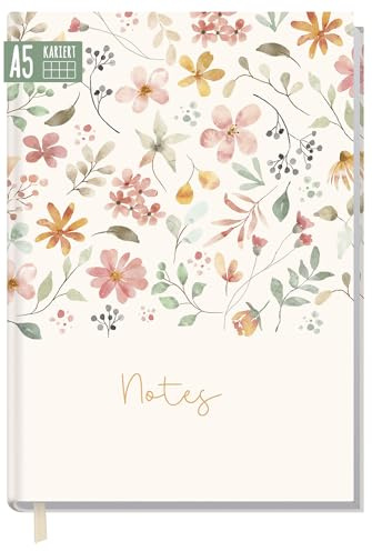 Häfft® Trendstuff Notizbuch A5 kariert mit Lesebändchen Wild Blossoms | Schreibheft mit 124 nummerierten karierte Seiten, 62 Blatt & 90g/m²-Papier - ideal als Tagebuch, Journal oder Ideenbuch