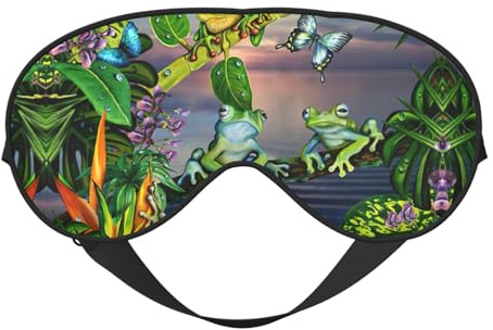Weiche, atmungsaktive Schlafmaske, Motiv: viele Frösche singen auf den Ästen, Sommerschmetterlinge, See, Wasserdruck, lichtblockierend, verstellbarer Riemen, Schlafmaske für Reisen, Nachtarbeit, Büro