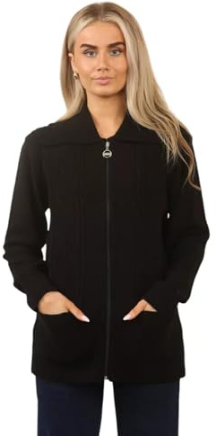Women’s Zip Up Cable Knit Cardigan – Chunky Knit Jumper with Pockets | Soft Warm Ladies Winter Zip Through Sweater | Long Sleeve Collared Knitwear Jacket for Autumn & Casual Wear