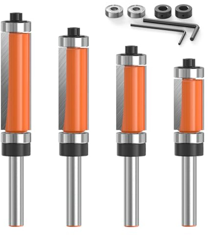 Jeu de 4 Fraises à Affleurer Double Roulement pour Défonceuse – Queue 6 mm, Ø 12 mm, Longueurs 20 / 25 / 32 / 38 mm – Copiage et Finition Bois MDF Contreplaqué
