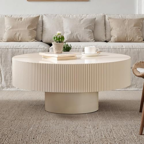 WXFKLDJ Round Drum Coffee Table Handcraft Fluted Coffee Table, 30.7 Round | Modern Unique Circle Accent Center Table for Living Room with Sturdy Pedestal Gear Easy Assembly for Small Space