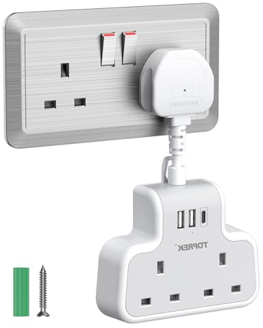 TOPREK 6.2cm Short Extension Lead with USB Slots, 2 Way Wall Plug Socket | 2 USB-A & 1 USB-C, Multi Plug Extension Socket, 13A 3250W Compact Wall-Mounted for Home Office, Kitchen