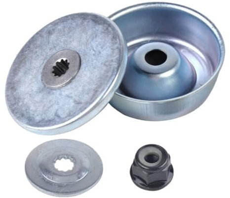 Kit de fijación de cuchillas de metal para desbrozadoras FS120, FS50 - Tuerca de cuello M10x1 LH, placa de conductor, arandela de empuje, arandela de protección (4 piezas)