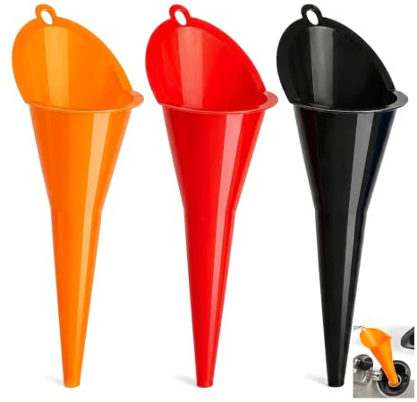 6 imbuti grandi in plastica per olio auto, 28 cm, imbuti per carburante a collo lungo, rosso, arancione e nero, set per fluidi automobilistici, acqua, diesel
