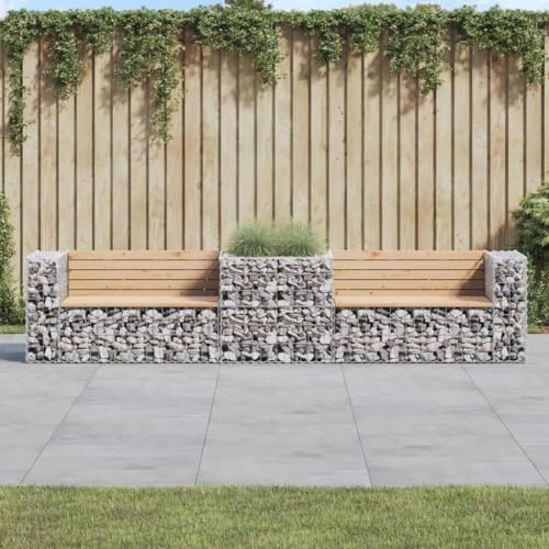 LoogCape Garden Bench with Gabion Made of Solid Pine and Galvanised Steel, 2 Benches with Backrest and Armrest, 314 x 71 x 65.5 cm for Garden, Patio and Yard