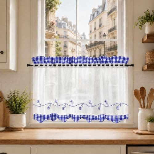 Yujiao Mao Rideau Cuisine Court, Rideaux Brise-Bise Transparent Broderie Bleu HxL 45x90cm pour Intérieur, Salle à Manger, Chambre, Fenêtre