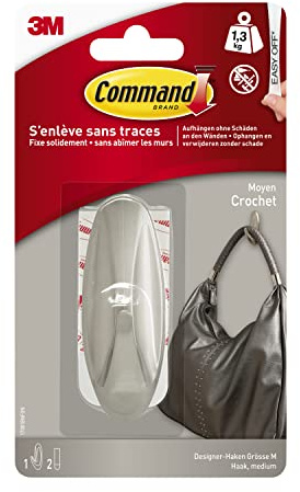 Command Designer-Haken, selbstklebend, gebürstetes Nickel - 1 Haken und 2 mittelgroße Klebestreifen - ideal zum Aufhängen von Taschen und Kleidung – für Wand oder Tür, ohne Bohren, hält bis zu 1,3 kg