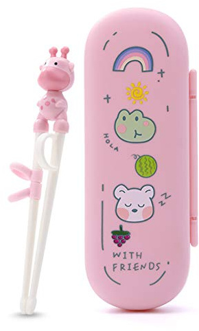 KOSTOO Essstäbchen für Kinder, einfach zu bedienen, rechtes Lernen, Essstäbchen für Kinder, Anfänger, Anti-Dislokations-Schnalle, inklusive tragbarer Box (rosa Hirsch)