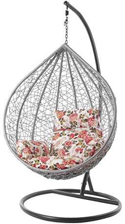 Kideo® Komplettset: großer Hängesessel mit Gestell & Kissen, Lounge Möbel, Poly-Rattan, XXL, grau (Kissen: geblümt Nest (3762 summergarden))