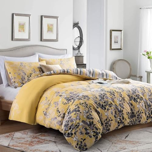 Imperial Rooms Double Duvet Set Reversible Printed Bedding Set Premium Brushed Microfiber Duvet Cover with Pillowcases (Ochre Blossom 200x200 CM)