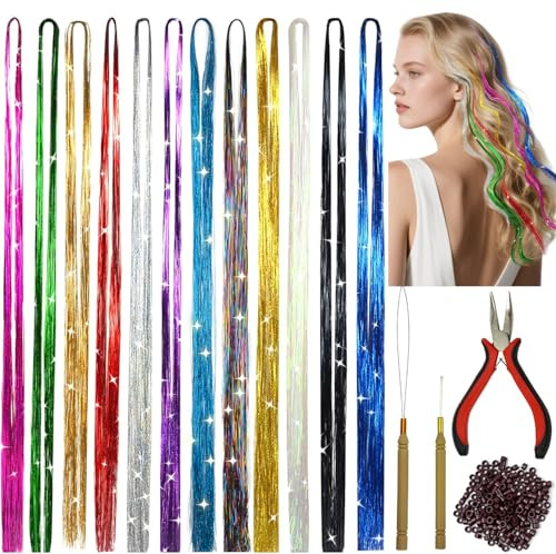 Haar Lametta Kit Werkzeugen 47 Zoll 12 Farben 2400 Strähnen Glitzer Haarteilen Hochwertiger Flechten Haar für Partys,Karneval,Geburtstagsfeier