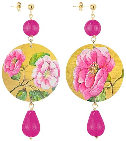 IN Lebole Collezione The Circle Fondo Oro Fiore Rosa Orecchini da Donna in Ottone Pietra Fucsia