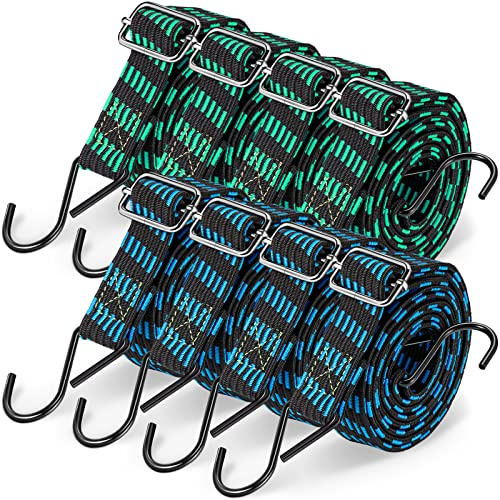 Saintrygo 8 Pcs 80 Inch Adjustable Flat Bungee Cords with Hook Heavy Duty Elasticity Long Bungee Straps 1 Inch Width Latex Straps Anti Rust Metal Buckle Luggage Rope (Green Black, Blue Black)
