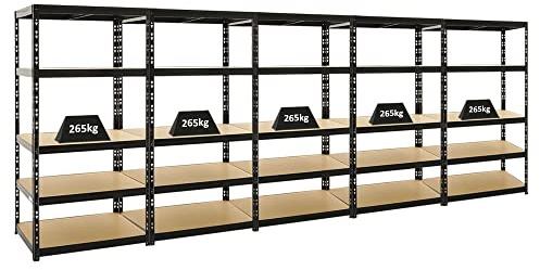 PROREGAL Mega Deal 5X Étagère Charge Lourde Tiger | HxLxP 180x90x60cm | 265kg par Niveau | Noir | Étagère Robuste de Garage, Atelier, Cave, sous-Sol, Stockage, Rangement, rayonnage