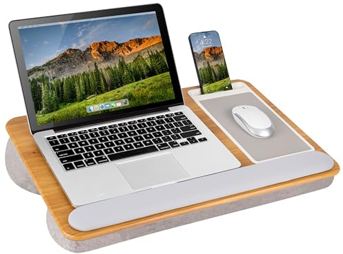 LapGear Home Office Pro Knietisch mit Handgelenkauflage, Mauspad und Telefonhalterung, Eichenholzmaserung, passend für Laptops bis zu 15,6 Zoll (39,6 cm), Stil Nr. 91599 | Integriertes Mauspad und Handyschlitz, breite gepolsterte Handgelenkauflage, Doppelpolster, Mikroperlenkissen, Tragegriff