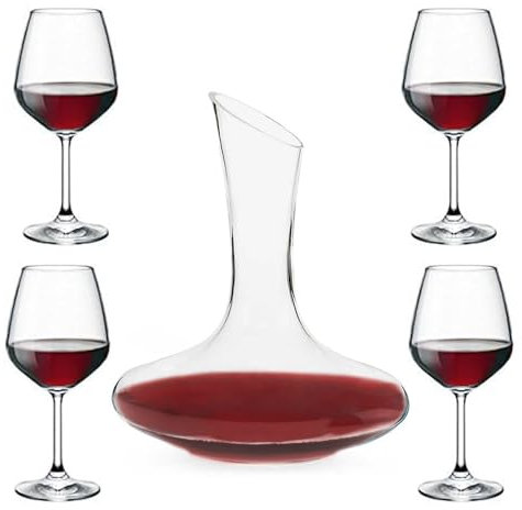 Decanter da vino con 4 calici bicchieri 42 Cl per degustazione vini nobili sommelier enoteca con collo a fischio in vetro