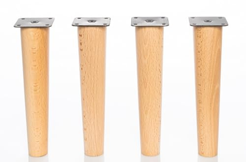 MOBILIARIOCLICHI Patas de Madera de Haya, con Placa de Montaje instalada. Pack de 4 Unidades de Patas para Muebles, 8,10,12,15,20...cm Alto, Patas de Madera cónicas Rectas. (4 Unidades 20 cm, Crudo)
