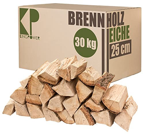 Holz Reine Eiche 30, 60 und 90 kg Kaminholz 25 cm Brennholz für Kamin Feuerschale Smoker Ofen Grill kammergetrocknet Anzündholz Feuerholz ofenfertig Kingpower, Menge :30 kg