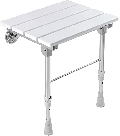 Folding Shower Seat Wall Mounted with Legs, Shower Seat Benches Stool Chair for Inside Shower, Fold Down Shower Seat for Seniors Small Shower Space, Foldable Fold up Waterproof Wood Height Adjustable
