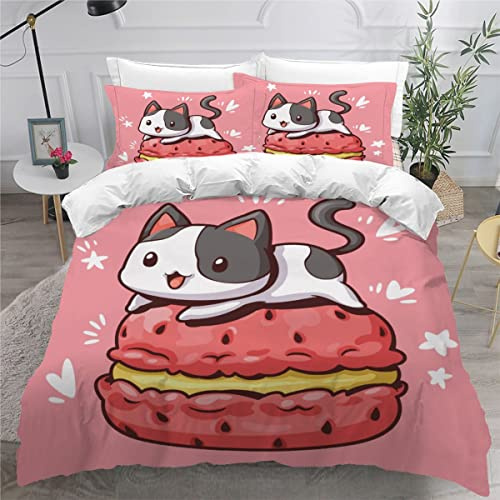 Woowin Housse de Couette Chat Mignon 200x200 Imprimé en 3D Dessin Animé Kawaii Parure De Lit 2 Personnes Microfibre avec Fermeture Éclair 3 pièces Ensemble de Literie 2 Taies d'oreiller 50x75cm
