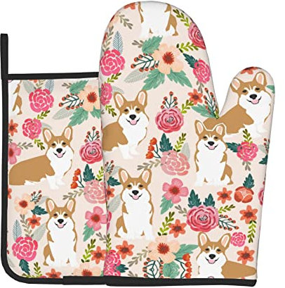 Corgi Ofenhandschuhe und Topflappen, Blumenmuster, lang, flexibel, dick, zum Kochen, Backen, Grillen, 2 Stück