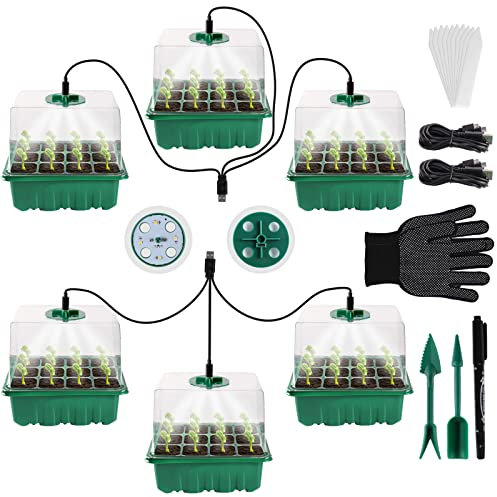 Mini Gewächshaus, Happybase 6 Stück Zimmergewächshaus Anzuchtkasten mit Licht, gewächshaus Indoor mit Timing-Controller Einstellbare Helligkeit, Treibhaus Anzuchtschale mit Höhere Deckel