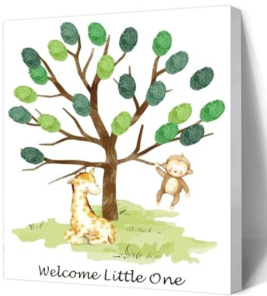 AHANDMAKER Arbre à empreintes digitales de singe, girafe, livre d'or créatif à faire soi-même, livre d'or avec cadre en bois pour mariage, fête d'anniversaire, fête prénatale avec 4 tampons encreurs
