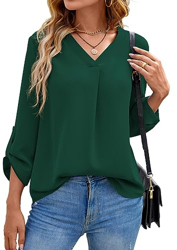 Yommay långärmade tröjor för kvinnor, blus, sommar, elegant, V-ringad, tunika, långtröja, topp, flytande, korta ärmar, chiffongtoppar, Mörkgrön, S