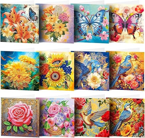 Demiawaking DIY 5D Diamond Painting Grußkarte Diamant Malerei Karten Weihnachtskarte Geschenkkarte mit Umschlag fuer Weihnachten Neujahr (12Pcs C)