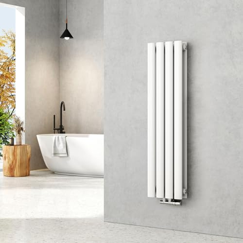 EMKE Heizkörper Klein 900x240mm, Oval Paneelheizkörper Mittelanschluss Vertikal Heizkörper Design Röhrenheizkörper Doppellagig Weiß 373 Watt