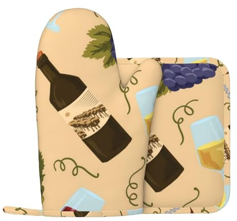 BTCOWZRV Wine Bottle Grape Glass Oven Mitts and Pot Holders Sets Heat Resistant Oven Mitt Oven Gloves for BBQ Non-Slip Pot Holders Oven Glove for Baking Cooking Oven