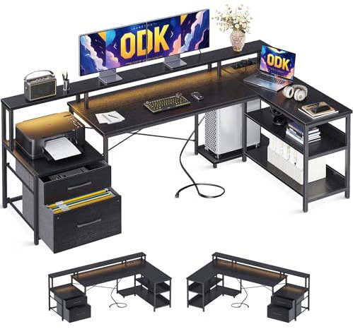 ODK Schreibtisch mit Schubladen, 189.3×100cm Reversibel Eckschreibtisch Groß mit 2 Steckdosen&USB Ladeanschluss, Schreibtisch L Form mit Stauraum, Gaming Tisch mit LED für Homeoffice, Schwarz