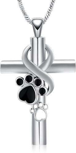 QGJNSGC Pfotenabdruck Kreuz Einäscherungs-Schmuck für Haustier Infinity Cross Urn Halskette für Asche Keepsake Loved One Memorial Schmuck für Hund/Katze Asche (Silber)