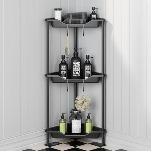 OriwarE 3-Stück Eckregal für Wohnzimmer Schlafzimmer Badezimmer, Kunststoff-Metall Patchwork Boden Lagerregal, Vertikale Dusche Lagerregal, Schwarz Duschablage ohne Bohren Stehende - Rostbeständig