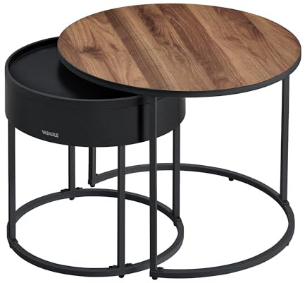 VASAGLE Tables Basses, Lot de 2, Tables d’Appoint Rondes, Style Moderne, Rangement Discret et Plateau, pour Salon, Chambre, Balcon, Noyer Naturel et Noir d'encre LCT044K43