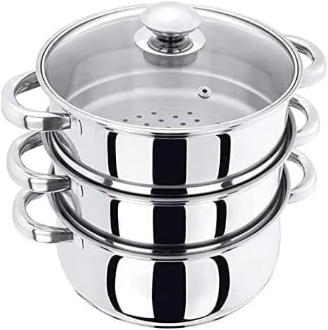 3pcs Stainless Steel Streamer Cooker Pot with Glass Vented Lid, Induction Ready (18 cm -3 Tier Streamer)