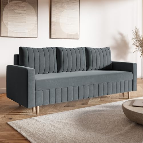 MOTIVENA Leo Sofagarnituren, 3 Sitzer Sofa mit Bettfunktion, Schlafsofa 215 cm Breit, Klappsofa mit Schlaffunktion, Bettsofa mit Schlaffunktion, Bonellfederkern (H4), Samt Anthrazit