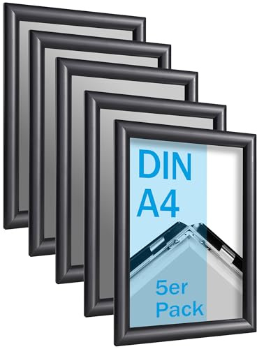 SPRINTIS Klapprahmen A4 aus Aluminium, Rahmen in schwarz, 5 Stück Plakatrahmen mit 2,5 cm Rahmenbreite, inkl. UV-Schutzfolie & Befestigungsmaterial