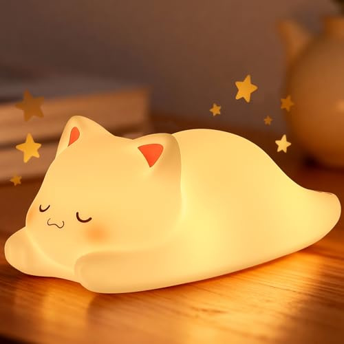 LOVERUIS Katze Nachtlicht Kinder wiederaufladbar, 1‑/3‑Stunden‑Timer‑Lampe | 7 Farben, separate Tasten