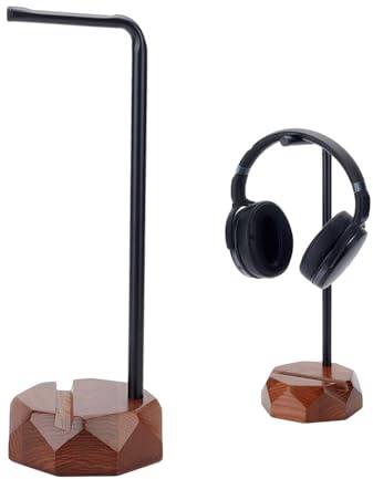 DELORIGIN Wooden Headphone Stand Headphone Holder with Smartphone Stand Darker Wood Base Iron Bar Gaming Headset Stand Desk Hanger for Men Gift Apply All Headphone Sizes
