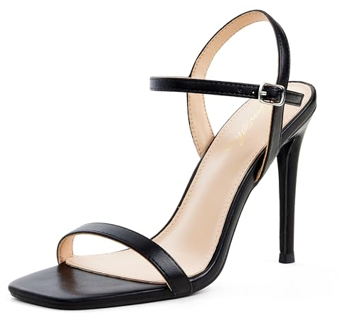 GENSHUO Damen-Sandalen mit eckiger Zehenpartie und Riemchen-Stilettoabsatz, 10 cm, offene Zehenpartie, Sandalen mit Knöchelriemen, Schwarz, 38.5 EU