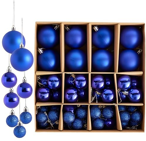THE TWIDDLERS – Pack de 50 Boules de Noël Bleu - Différentes Tailles et Finitions - 6cm, 4cm, 3cm - Mat, Brillant et Pailleté pour Décoration de Sapin