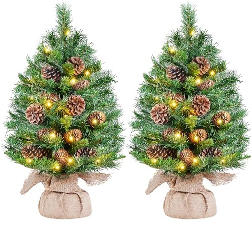 Yaheetech 2PCS Pre-Lit Mini Christmas Tree with Pinecones, 2ft/61cm, Green | Artificial Tabletop Small Christmas Tree | Battery Operated 35 Warm White LEDs | Built-In 12 Pinecones | Home & Party Decor