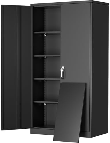 Greenvelly 72 H Metal Storage Cabinet, 36 W x 18 D Black Locking Metal Cabinet Garage Storage Cabinet with Doors and 4 Adjustable Shelves, Lockable Steel Cabinets for Home Office, Garage, School