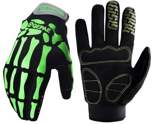 Azarxis Skeleton Gloves Reflective for Men Women, Skull Gloves Glow in The Dark Anti Slip for Cycling Motocycling Halloween Cosplay Party Thanksgiving Christmas (Green - Glow in The Dark, Small)