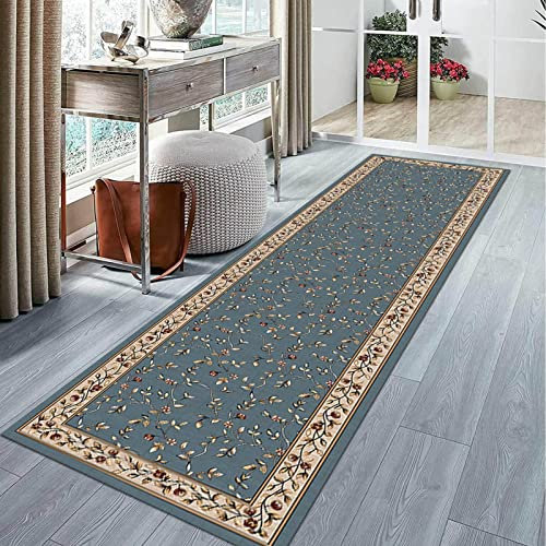 Passatoia per corridoio, scale da cucina, extra lungo, antiscivolo, da 0,6 x 1 m a 6 m, con retro antiscivolo, colore blu e grigio