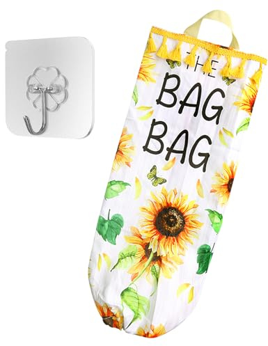 Bojueshaw Cute Sunflower Plastic Bag Holder,Wall Mount Grocery Bag Holder,Foldable Washable Grocery Bag Dispenser for Kitchen Pantry