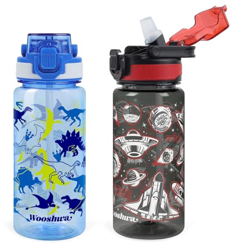 wooshwa Termosflaska med sugrör, 600 ml, läckagesäker för sport, vattenflaska för vandring och gym med bärhandtag, BPA-fri – dinosaurie och rymdskepp