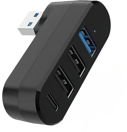 4 Port USB Hub Rotatable 90°/180° with 3 USB 3.0 Ports & 1 USB C Power/Data Port - High Speed USB Splitter Adapter for Laptop, Car, PS5, MacBook, PC and More - Compact Multi-Port Extender (BLACK)