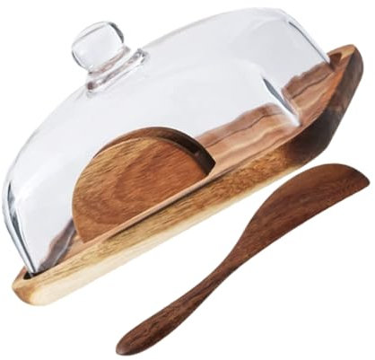 Garneck Mantequillera de Madera con Tapa de Vidrio Caja de Almacenamiento de y Queso Decoración Elegante para Cocina y Mesa para Snacks y Postres